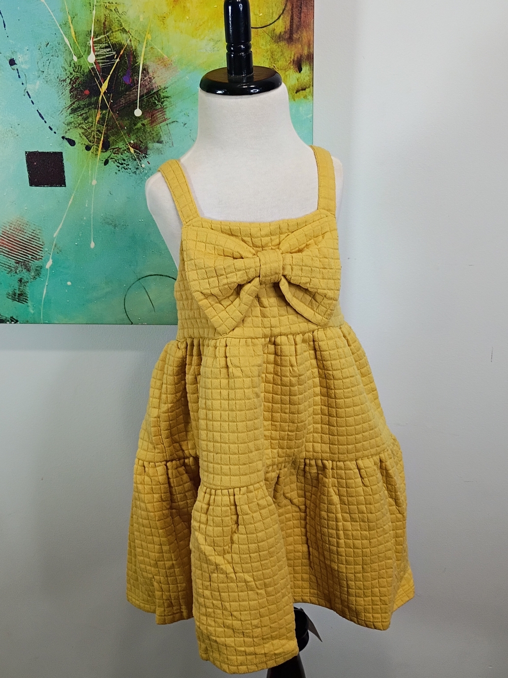 Habitual Kid Girl's Mustard Quilted Bow Tiered Dress, 6X